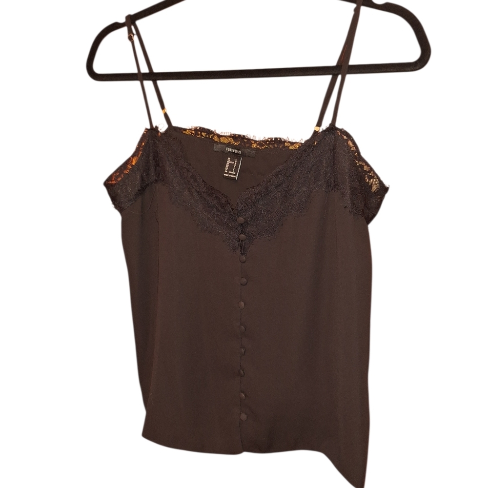 Forever 21  Black Camisole Babydoll Tank Size Large ladies Fairy Preppy 90S Lace